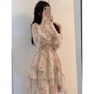 斤茶里茶气别致碎花连衣裙女早春夏季 大码 海边度假仙女短裙女