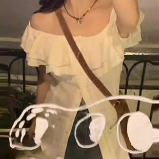 上衣 大码 微胖一字肩短袖 衬衫 女夏胖mm显瘦收腰正肩设计感小众法式