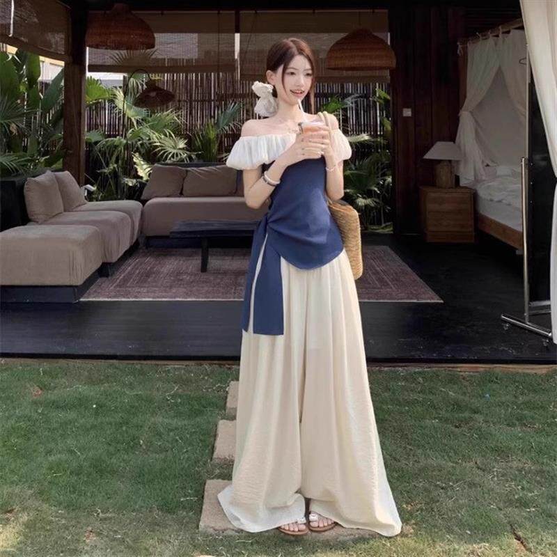 巨好看的夏装套装女修身拖尾一字领露肩上衣休闲阔腿裤两件套绝美