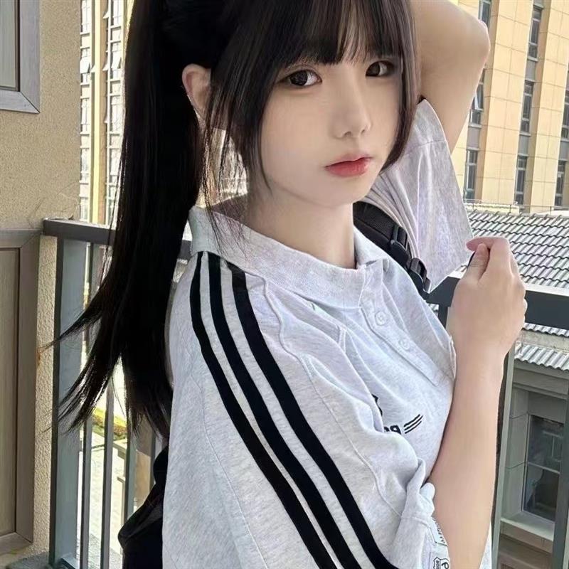 美式三条纹polo衫白色纯棉短袖t恤女夏季新款宽松半袖上衣修身潮