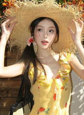 黄色荷叶绝美碎花吊带连衣裙女夏季度假法式夏季气质沙滩鱼尾长裙