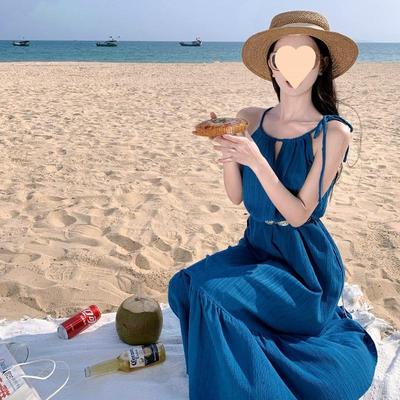 吊带连衣裙夏季多巴胺克莱因蓝绝美小裙女海边云南旅游海岛沙滩裙