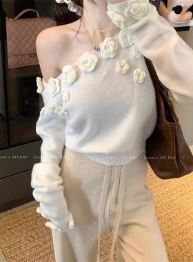 亚马逊跨境法式白色立体花朵斜肩毛衣女秋冬款露肩针织衫上衣