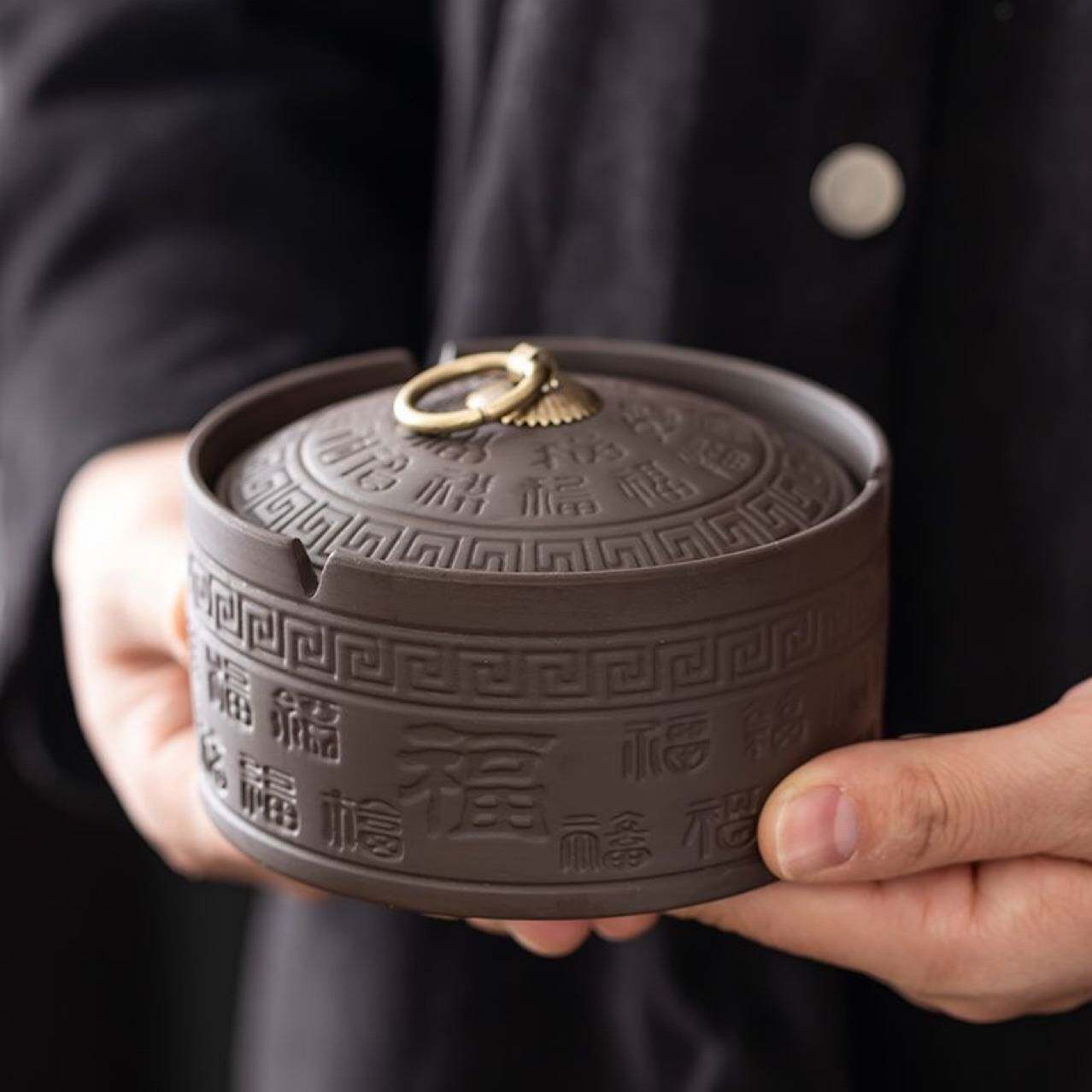 紫砂烟灰缸带盖中号防飞灰客厅办公灭烟复古陶瓷家居饰品新中式灰