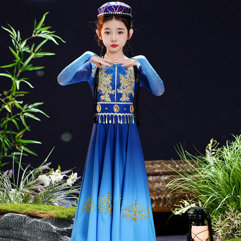 新疆舞蹈演出服儿童维吾族舞蹈表演服石榴红了花开绽放女童舞台装