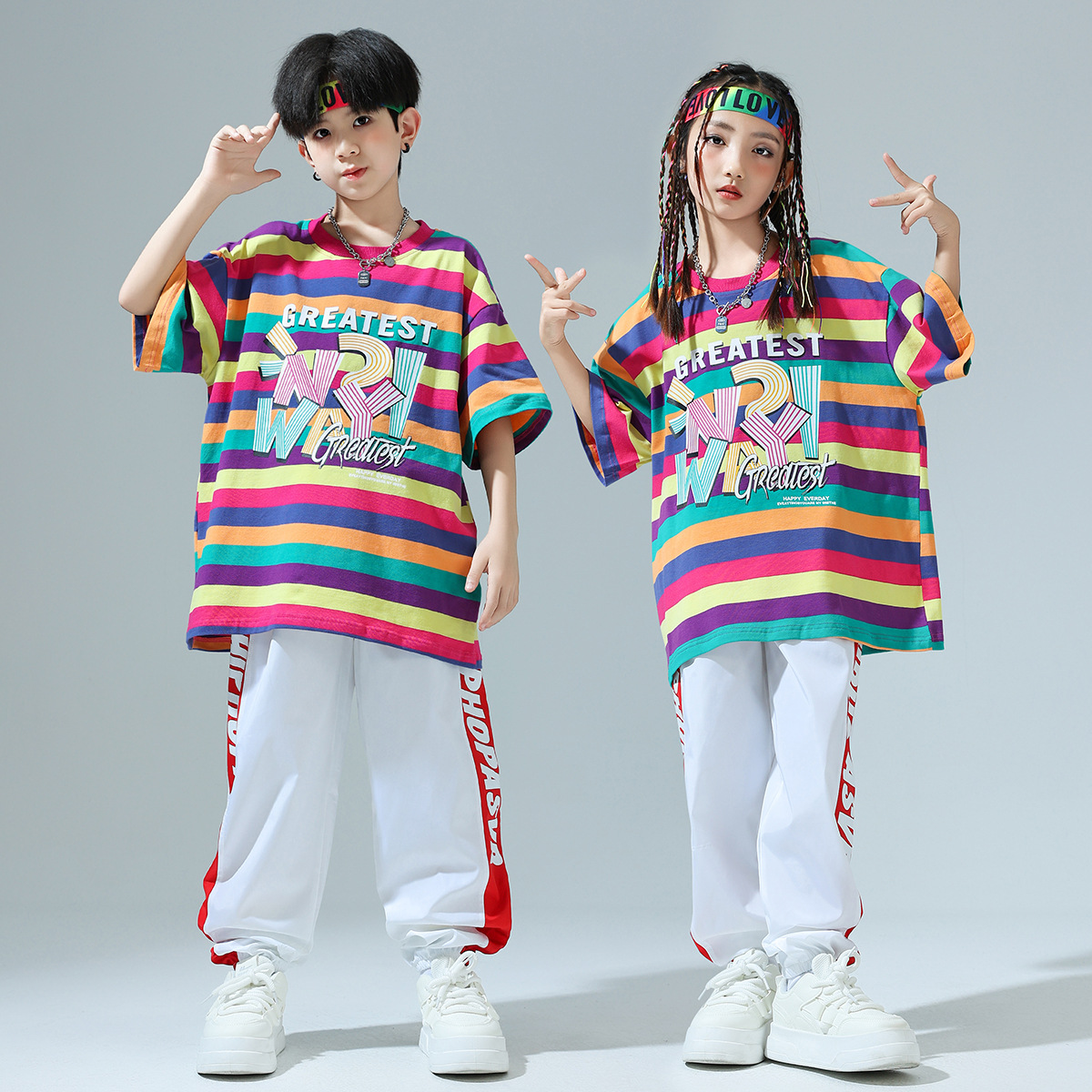 儿童街舞演出潮服少儿架子鼓表演服女孩洋气条纹体恤男童嘻哈套装