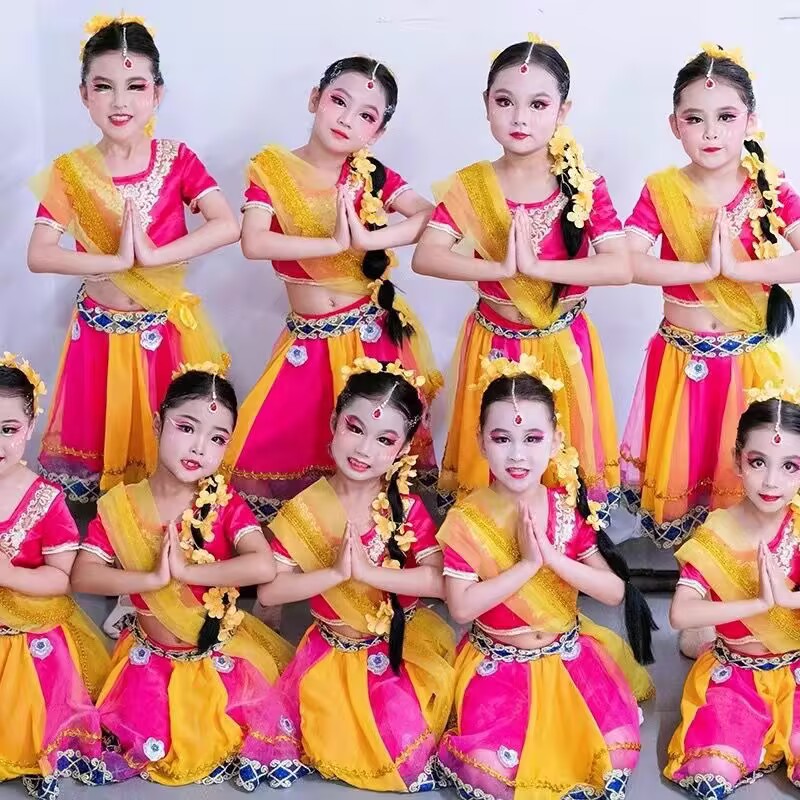 儿童印度舞帕莎女孩演出服敦煌女异域风情民族舞蹈服装灯芯绒