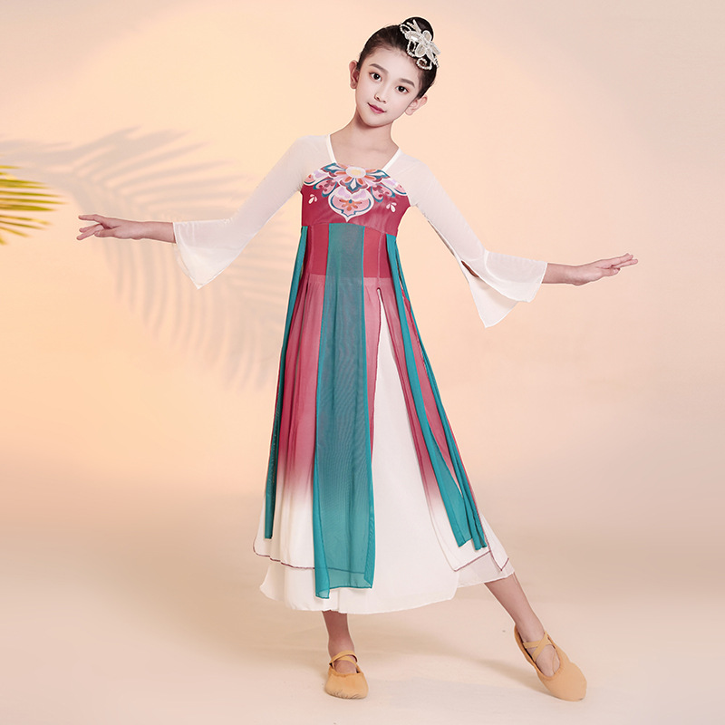 古典舞儿童服装桃花妆中国风长裙扇子舞纱衣女童汉唐练功舞蹈服