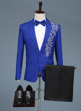 红蓝黑白色男士西服套装修身舞台大合唱服装主持人司仪演出礼服