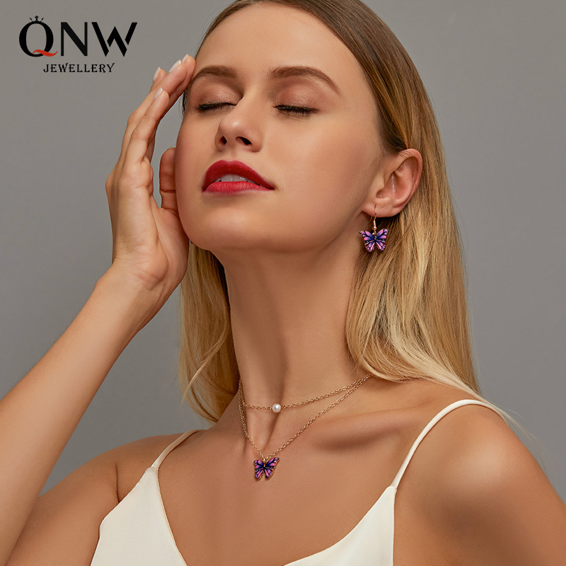 欧美新款套装蝴蝶项链 彩色双层珍珠蝴蝶吊坠女 气质优雅蝴蝶耳环