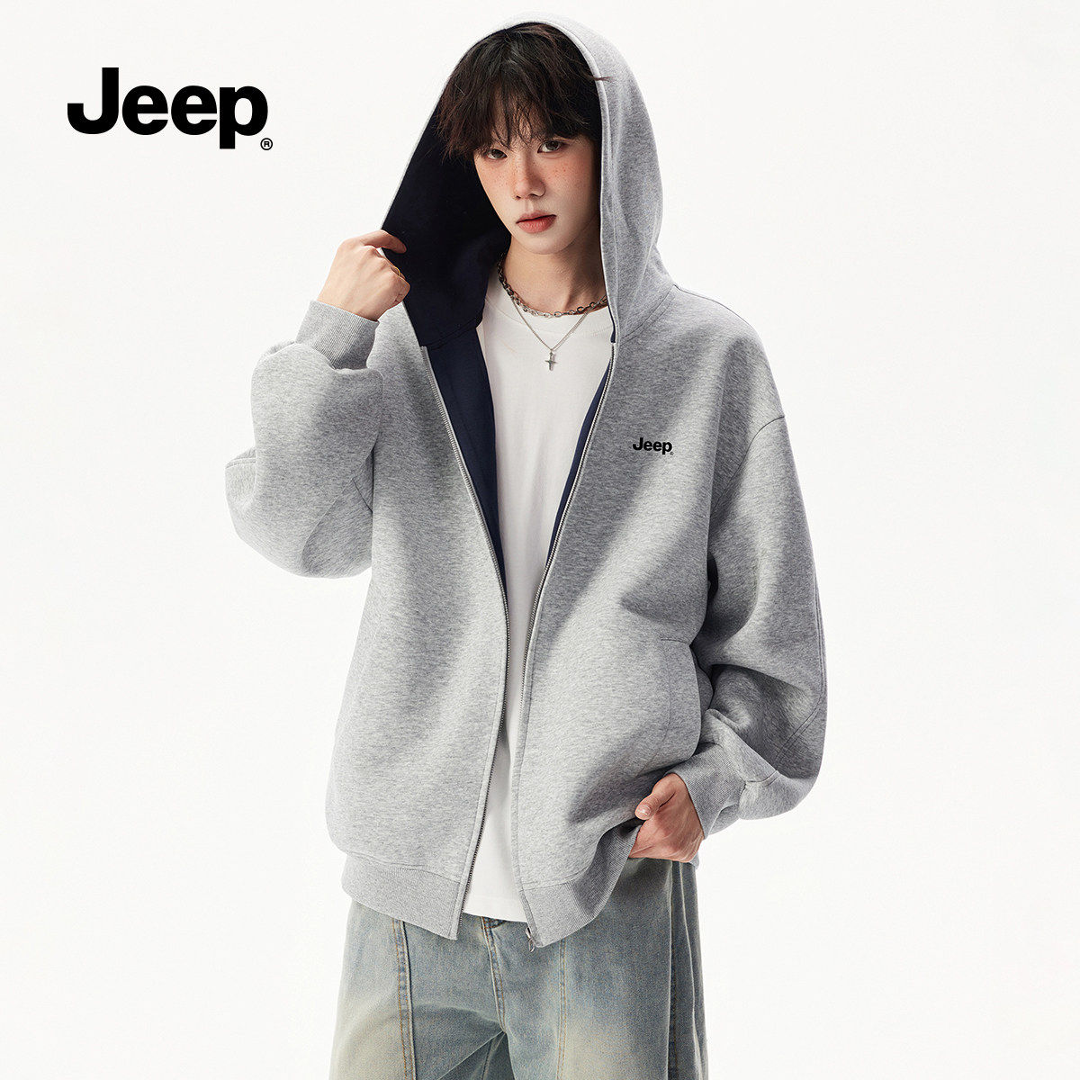 jeep吉普男士卫衣男款2025秋冬新款连帽拉链长袖上衣潮牌外套ZS