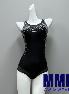 黑色印花新款竞速泳衣游泳训练女士夏季保守显瘦连体泳衣固定胸垫