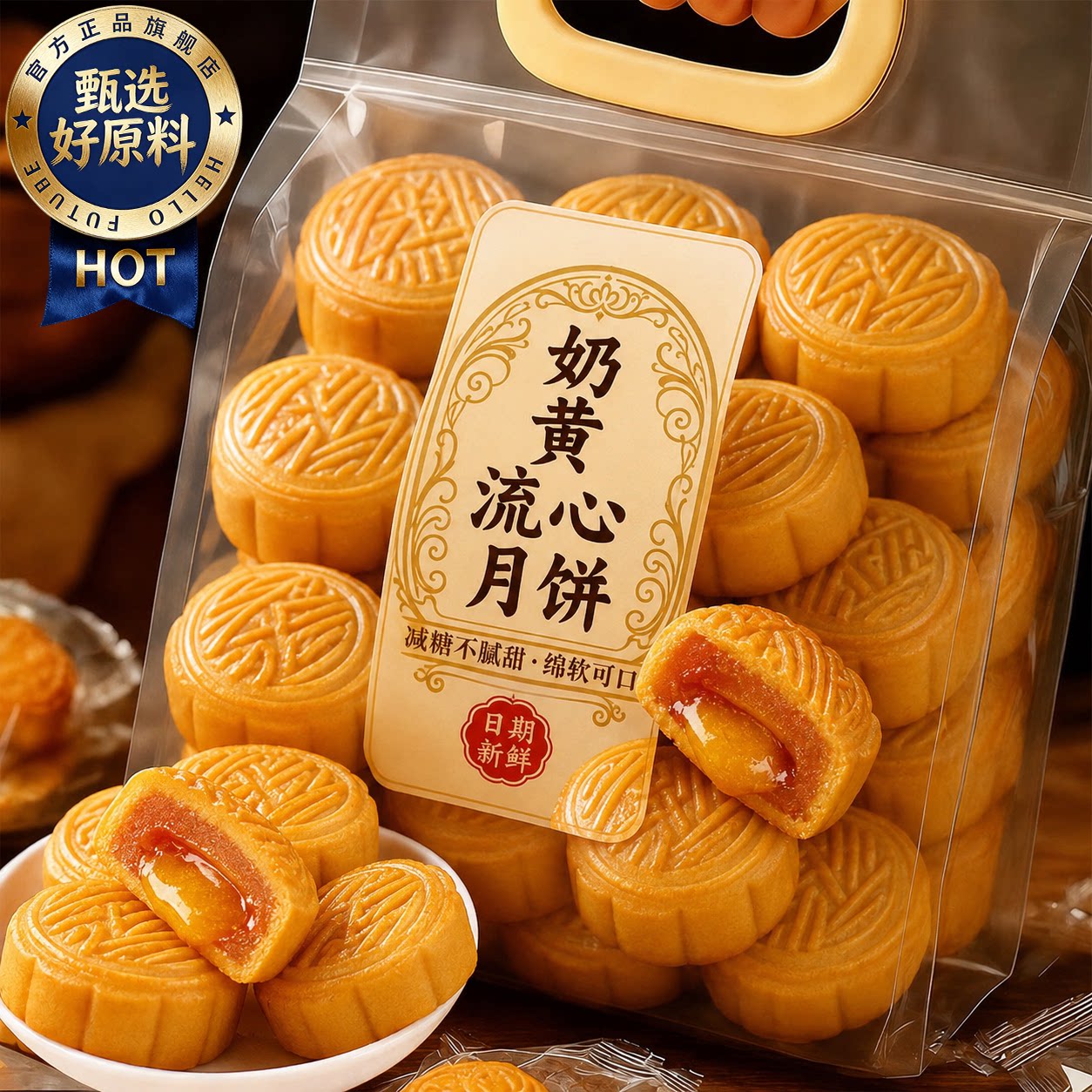 流心奶黄月饼礼盒装广式巧克力味月饼散装多口味中秋送礼旗舰店