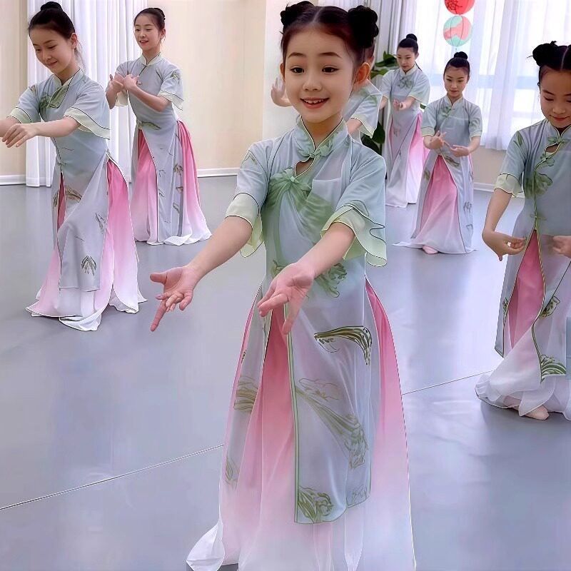 古典舞演出服女儿童中国风旗袍飘逸纱衣小月儿同款扇子舞表演服装