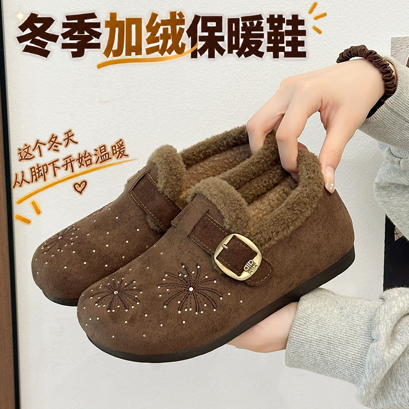 冬季新款复古加绒加厚勃肯鞋女刺绣烟花一脚蹬软底休闲棉鞋妈妈鞋