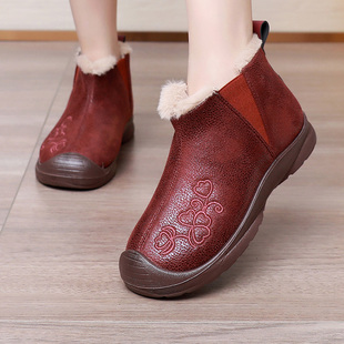 加绒加厚皮面雪地靴保暖防滑一脚蹬妈妈鞋 老北京棉鞋 新款 2025冬季