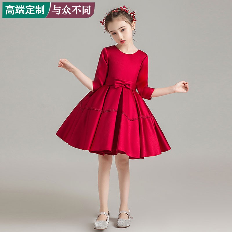 儿童小花童婚礼伴娘礼服婚纱公主裙女童锻面长袖主持人钢琴演出服