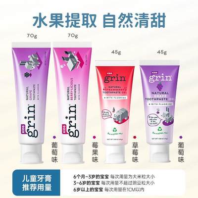 grin含氟儿童牙膏0到3一6—12岁可防蛀牙不吞咽3-婴儿1岁宝