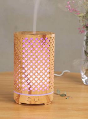 厂家diffuser镂空香薰机加湿器创意木纹镂空七彩灯香薰机