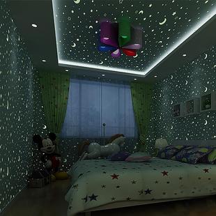 3d温馨男孩女孩卧室荧光房顶墙纸 儿童房夜光星星月亮无纺布壁纸