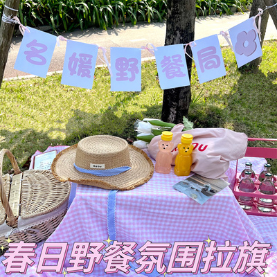 速发春天野餐拉置蝴蝶结丝带芭蕾风公主名拍野餐局布旗媛照道具文