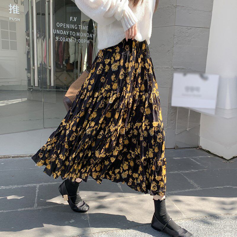 速发碎花半身2春夏裙025新字遮胯百搭高腰a款半裙中长款百褶蛋糕