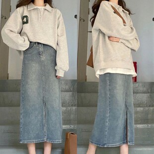 速发设计感长叉半身裙大码牛仔裙高腰a字包臀裙开中款裙子