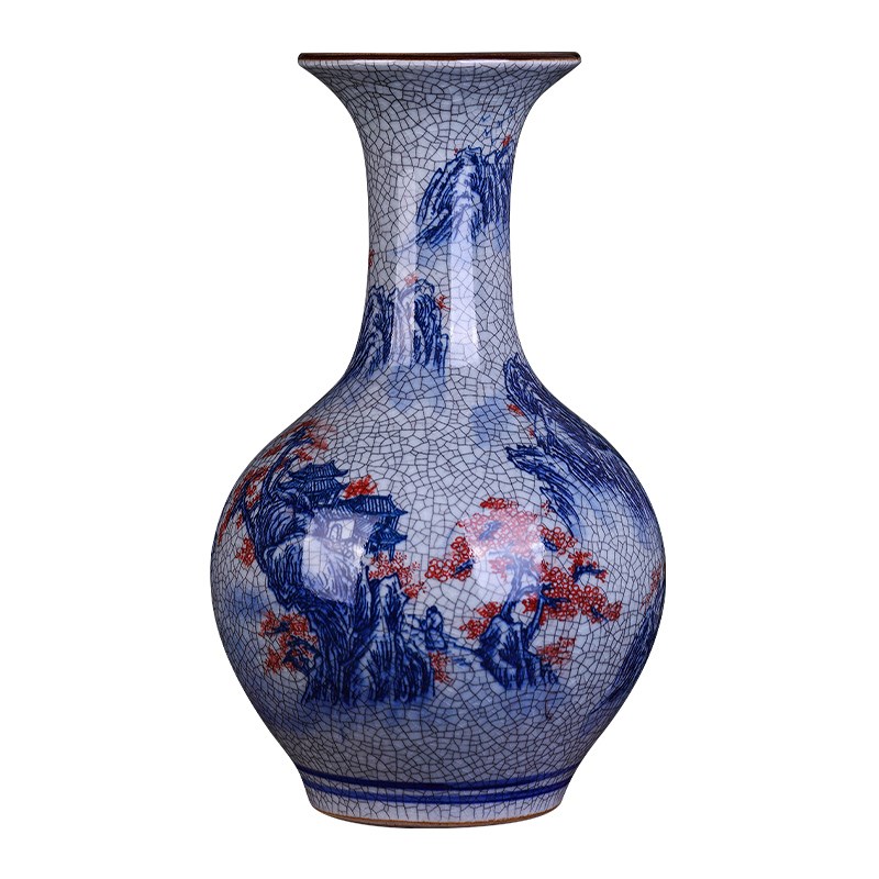 速发中式客厅青花山水裂纹釉陶瓷花瓶摆件景德镇瓷器玄关博古架装