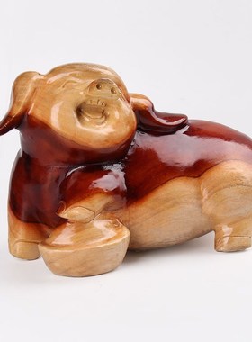 速发桃航阁 桃木猪摆件生肖猪木雕猪慈木实木大号猪摆件