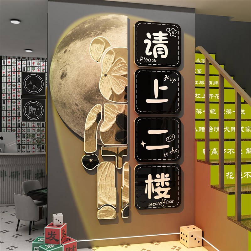 速发请上二楼梯指示牌扶手台阶改造贴纸挂画酒吧馆墙面装饰品场景图片