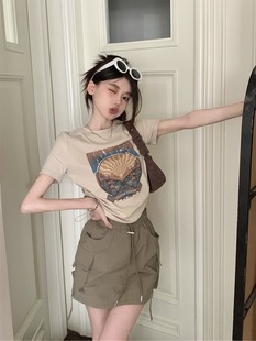 印花圆领正肩短款 短款 抽绳短袖 高腰工装 半身裙 T恤 韩版