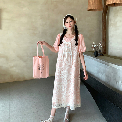 新款大码胖mm粉色长款连衣裙新中式盘扣蕾丝罩衫两件套套装女