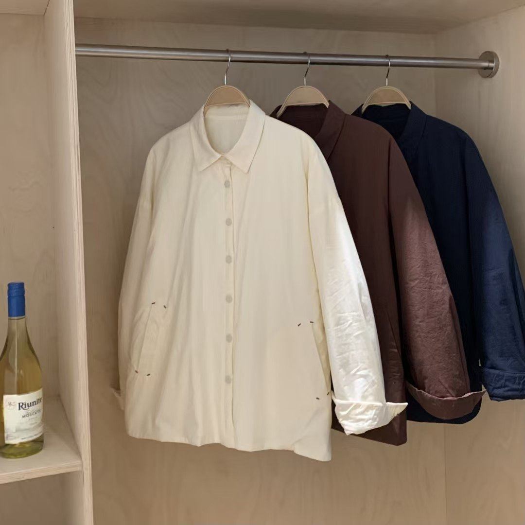 2025秋冬新款韩版轻薄翻领单排扣宽松长袖棉衣外套女宽松百搭棉服