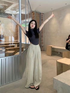 褶皱百搭显瘦阔腿休闲裤 韩版 T恤 简约半高领纯色短袖