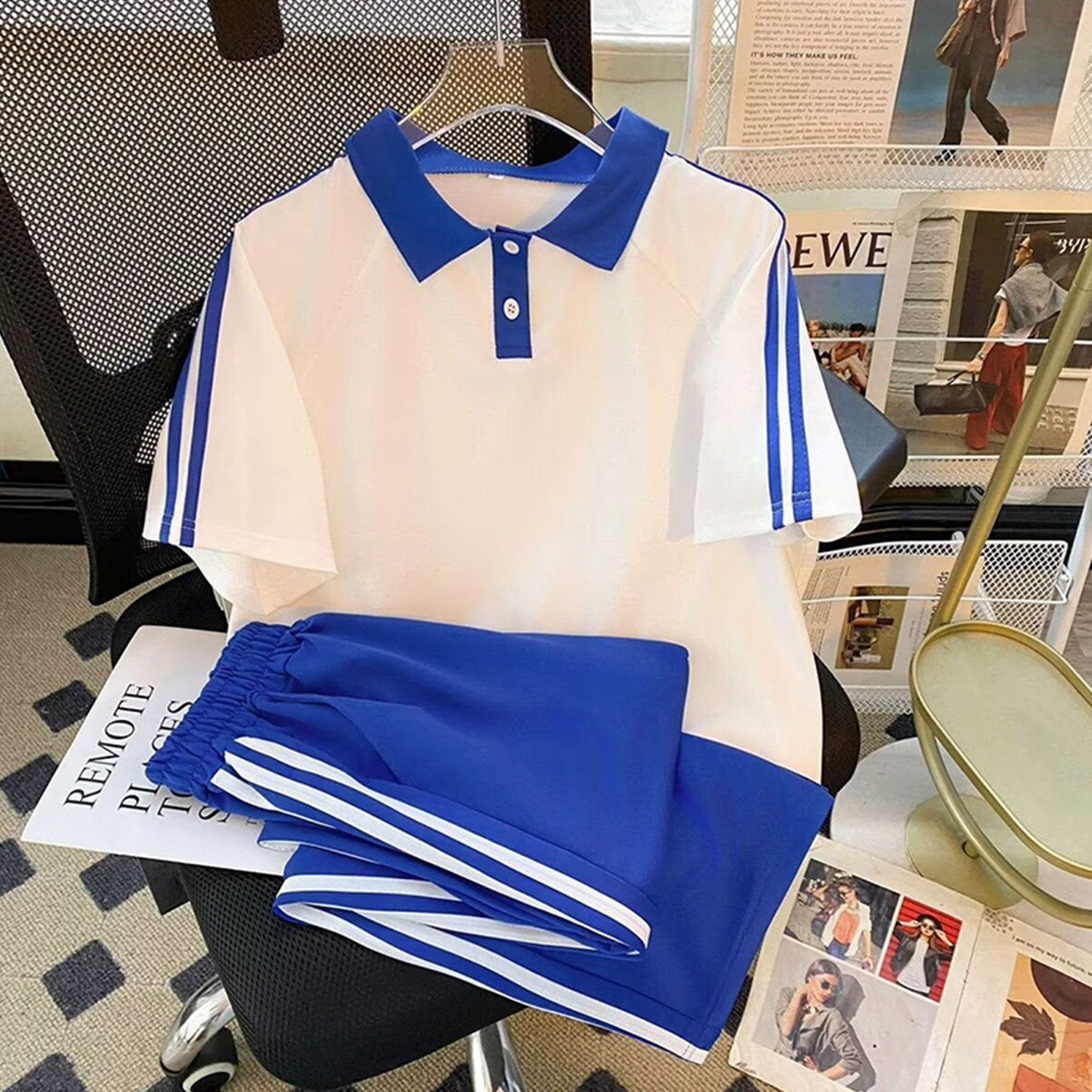 男女夏季运动风蓝白校服短袖套装初高中学生运动服薄款透气长裤子