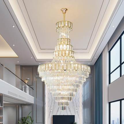 别墅楼挑高客厅现代简约中空旋转楼梯水晶大吊灯LOFT公寓楼梯吊灯