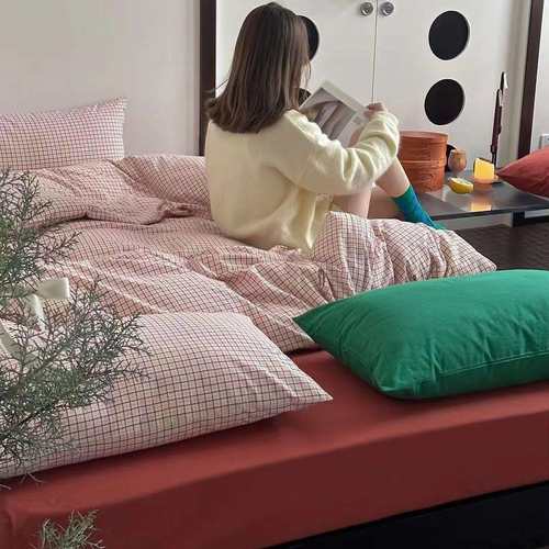 全棉色织水洗四件套简约日式条纹混搭撞色纯棉三件套床单被套圣