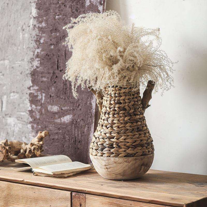 直销实木底座细口大肚草编花瓶花插民宿家居摆件可混