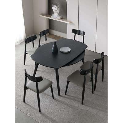 A10L圆形全实木餐桌椅小户型家用饭桌折叠方桌可变圆桌子黑色伸缩