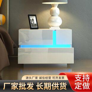 高光RGBLED床头柜2抽屉床头柜侧柜黑色多功能高光泽储物柜