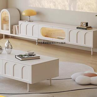 奶油风法式可伸缩电视柜茶几一套组合客厅家用一体收纳边柜储物柜