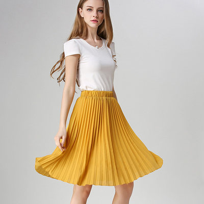 新品Women Chiffon Pleated Skirt Vintage High Waist Tutu Skir