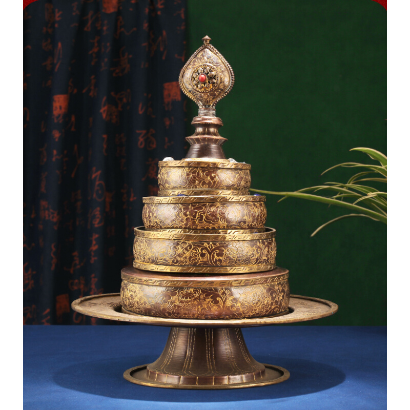 藏传用品尼泊尔手工雕花纯铜紫铜色曼扎盘藏族用品曼茶罗大小可选