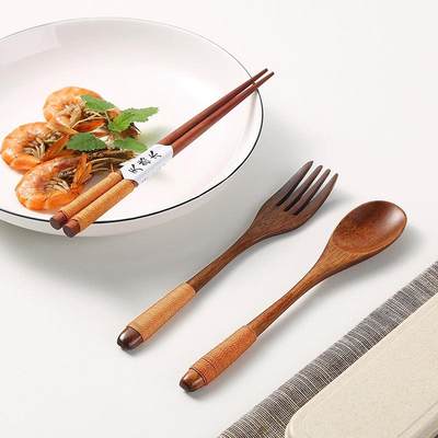 木质勺子筷子套装日式叉学生便携餐具三件套收纳盒单人一人食餐具