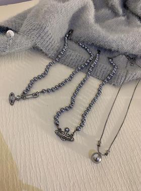 灰色珍珠项链~西太后土星锁骨链复古法式高级感小众设计清冷风潮
