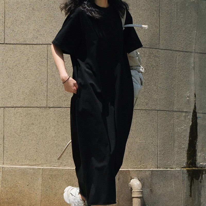 速发休闲运动风T恤连衣裙夏季新韩版宽松直筒卷边懒人长裙