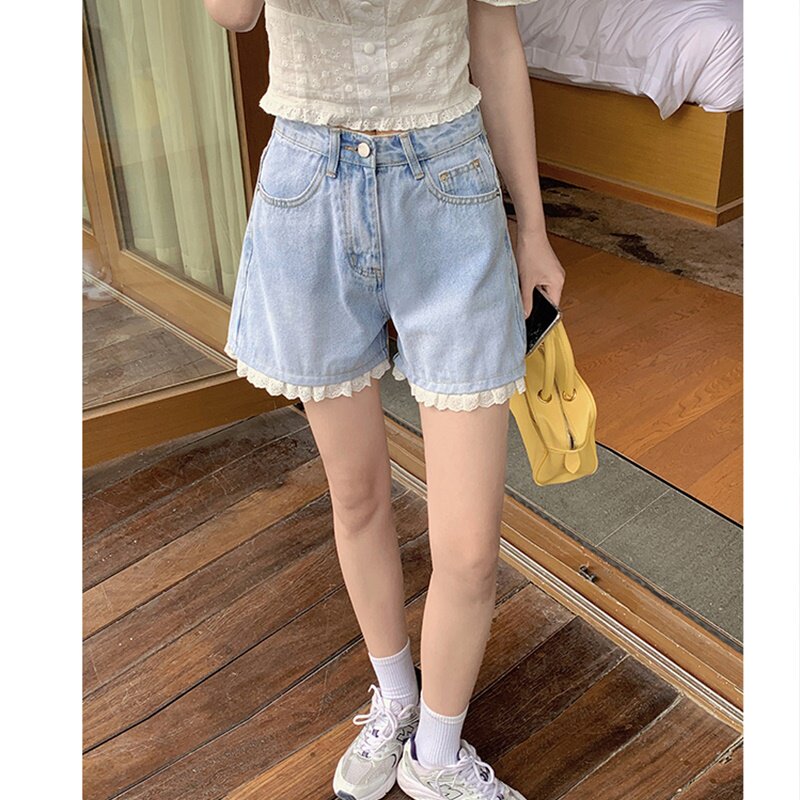速发2021年夏季薄款花边新款短裤辣妹大码高腰阔腿牛仔裤热裤子