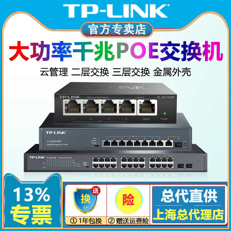 TPLINK千兆交换机POE供电4口5口8口16口24口以太网分线器监控专用 电子/电工 监控交换机 原图主图