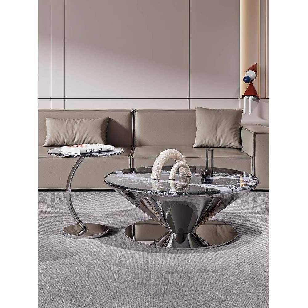 轻奢极简大理石茶几客厅简约现代小公寓大小圆形组合设计师飞碟茶