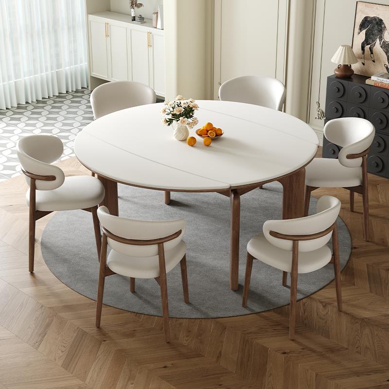 侘寂风可伸缩岩板餐桌椅组合中古大象腿实木餐台长方形方桌变圆桌